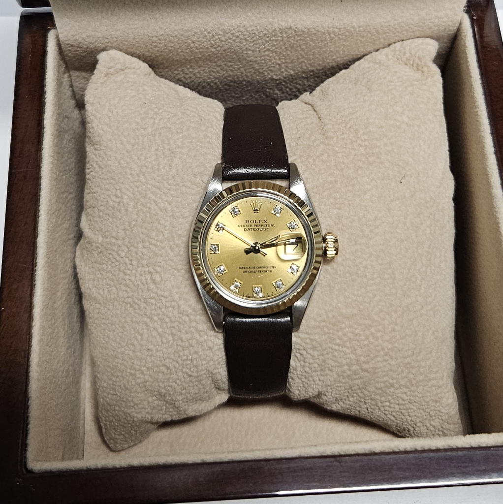 Rolex Ladies 26mm Datejust Champagne Diamond On Brown Leather Strap